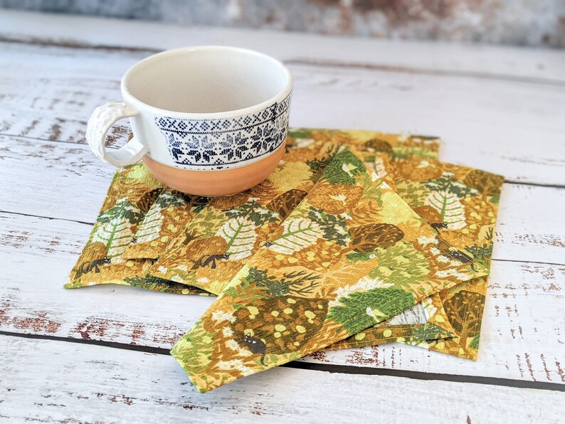 Forest Cloth Napkins, Kitchen Linens, Lunch or Cocktail Napkins, Sitting Kitties yellow and green fabric set of 4 7.5 x 7.5 image 2