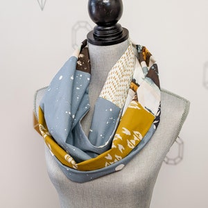 Aztec Infinity Patchwork Scarf, cotton fabric scarf, Mustard Yellow, Blue, beige, white and rust fabrics image 6