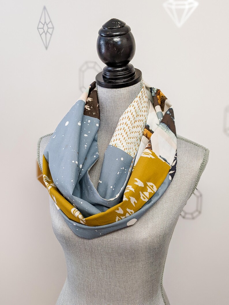 Aztec Infinity Patchwork Scarf, cotton fabric scarf, Mustard Yellow, Blue, beige, white and rust fabrics image 6