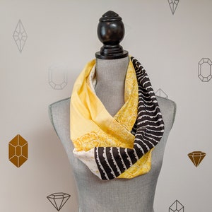 Lemon Infinity Patchwork Scarf, Yellow, black and white tube scarf with various prints image 4