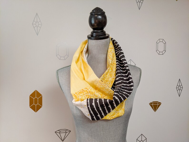 Lemon Infinity Patchwork Scarf, Yellow, black and white tube scarf with various prints image 4