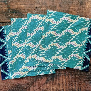 Tribal in Turquoise Cloth Napkins, Geometric design, Table Linen, Lunch or Cocktail Napkins, Turquoise Blue on Beige, set of 4 7.5 x 7.5 image 2