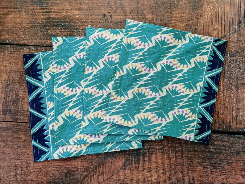 Tribal in Turquoise Cloth Napkins, Geometric design, Table Linen, Lunch or Cocktail Napkins, Turquoise Blue on Beige, set of 4 7.5 x 7.5 image 2