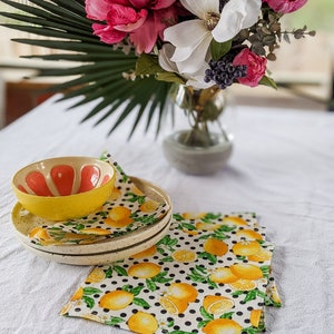Citrus Cloth Napkins, Kitchen Linens, Lunch or Cocktail Napkins, Yellow Lemons on white and black polka dots fabric set of 4 7.5 x 7.5 image 3