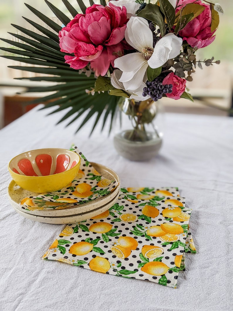 Citrus Cloth Napkins, Kitchen Linens, Lunch or Cocktail Napkins, Yellow Lemons on white and black polka dots fabric set of 4 7.5 x 7.5 image 3