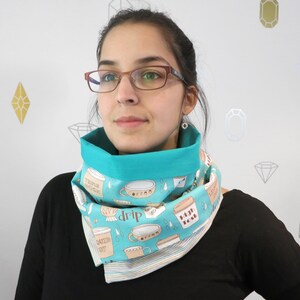 Coffee Addict Patchwork Infinity Scarf Turquoise blue, Beige and Brown Cotton Scarf with 2 buttons image 7