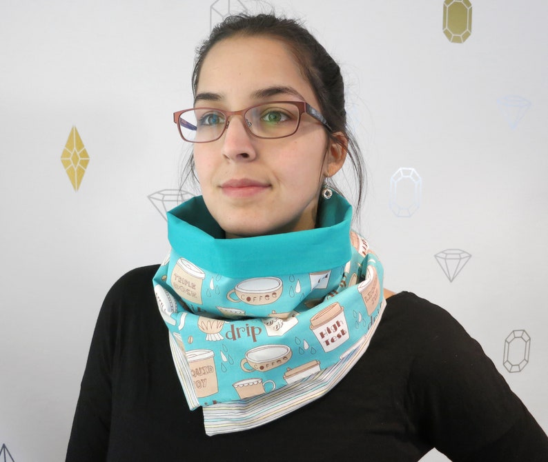 Coffee Addict Patchwork Infinity Scarf Turquoise blue, Beige and Brown Cotton Scarf with 2 buttons image 7