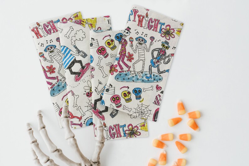 Happy Night Cloth Napkins, Table Linen, Lunch or Cocktail Napkins, Halloween Skeleton dance, Cotton & Linen Fabric set of 4 7.5 x 7.5 image 2