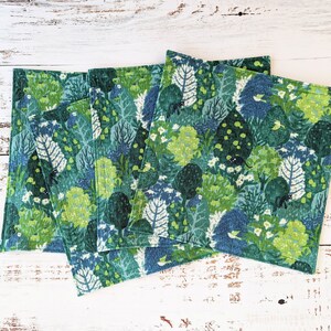 Forest Cloth Napkins, Kitchen Linens, Lunch or Cocktail Napkins, Sitting Kitties green and blue fabric set of 4 7.5 x 7.5 image 4