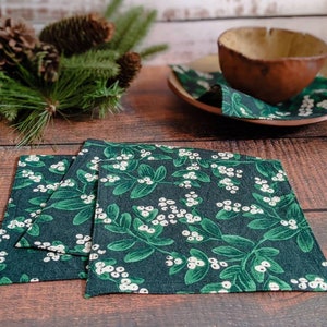 Mistletoe Cloth Napkins, Kitchen Linens, Lunch or Cocktail Napkins, Christmas cotton and linen fabric set of 4 7.5 x 7.5 image 1