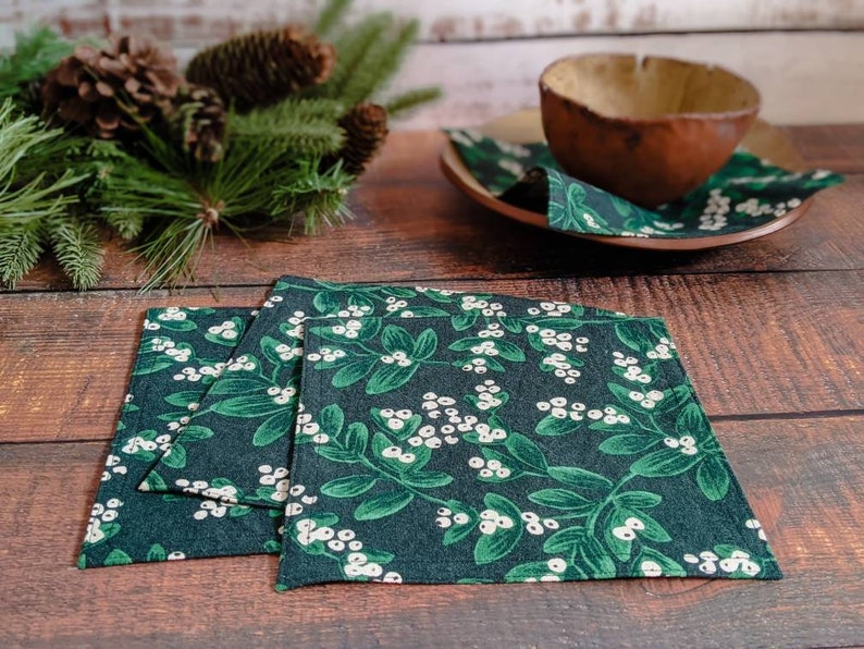 Mistletoe Cloth Napkins, Kitchen Linens, Lunch or Cocktail Napkins, Christmas cotton and linen fabric set of 4 7.5 x 7.5 image 1