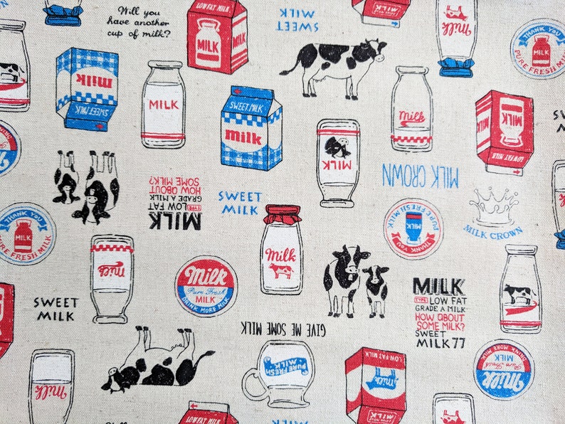 Dairy Milk Cloth Napkins Kitchen Linens Dinner Napkins Natural Beige, Red and Blue Fabric Cows set of 4 18 x 18 image 3