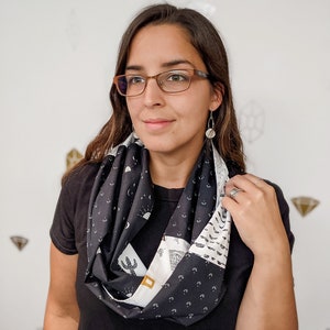 Lama Infinity Patchwork Scarf, Black and white cotton fabric scarf, neutral tube scarf with print image 6