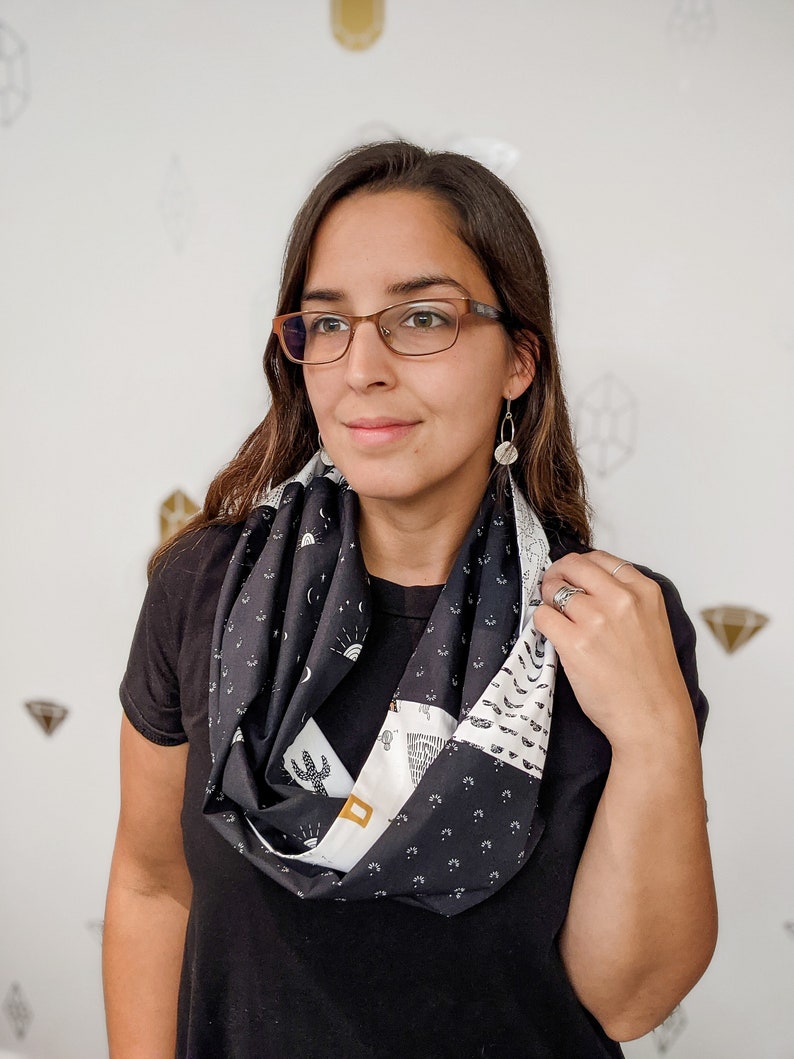 Lama Infinity Patchwork Scarf, Black and white cotton fabric scarf, neutral tube scarf with print image 6