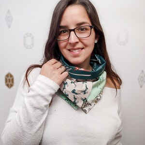 Bunny Patchwork Infinity Scarf, Beautiful floral fabrics with bunnies and deers, Green and beige 2 buttons scarf image 5