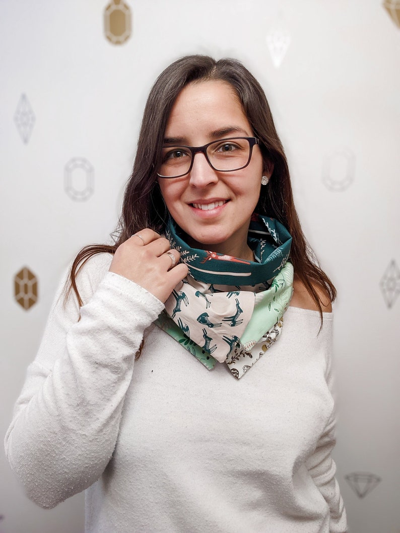 Bunny Patchwork Infinity Scarf, Beautiful floral fabrics with bunnies and deers, Green and beige 2 buttons scarf image 5