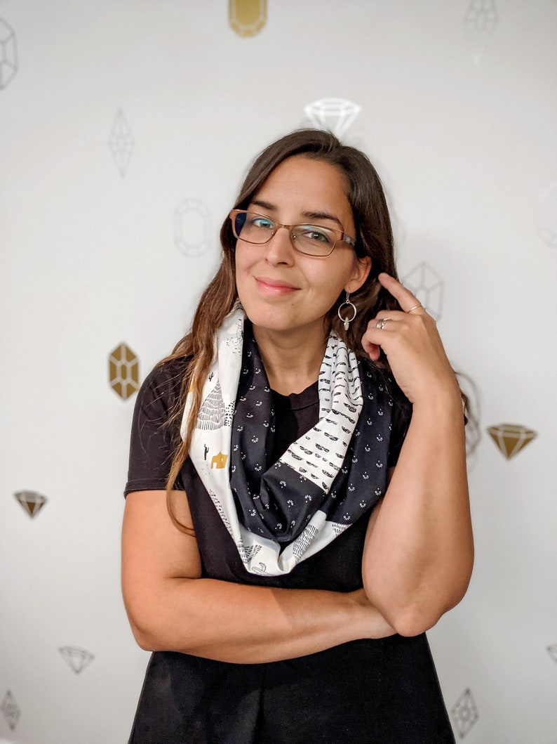 Lama Infinity Patchwork Scarf, Black and white cotton fabric scarf, neutral tube scarf with print image 5