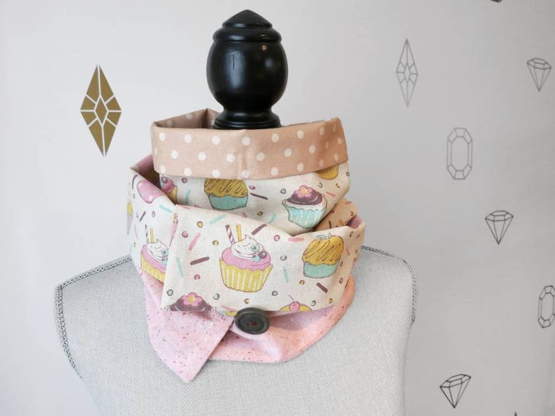 50% off FINAL SALE / Cupcakes Patchwork Infinity Scarf Baker Pink and Beige Cotton scarf 2 Buttons image 3