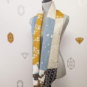 Aztec Infinity Patchwork Scarf, cotton fabric scarf, Mustard Yellow, Blue, beige, white and rust fabrics image 5