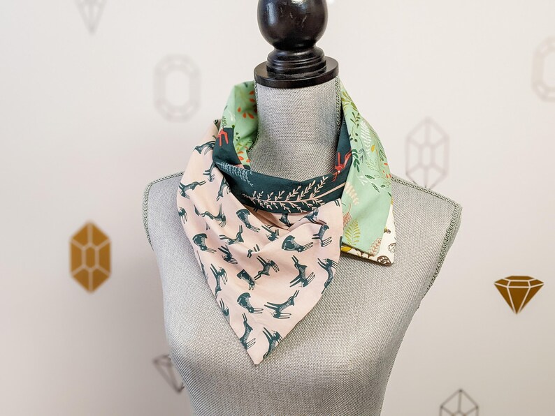 Bunny Patchwork Infinity Scarf, Beautiful floral fabrics with bunnies and deers, Green and beige 2 buttons scarf image 3