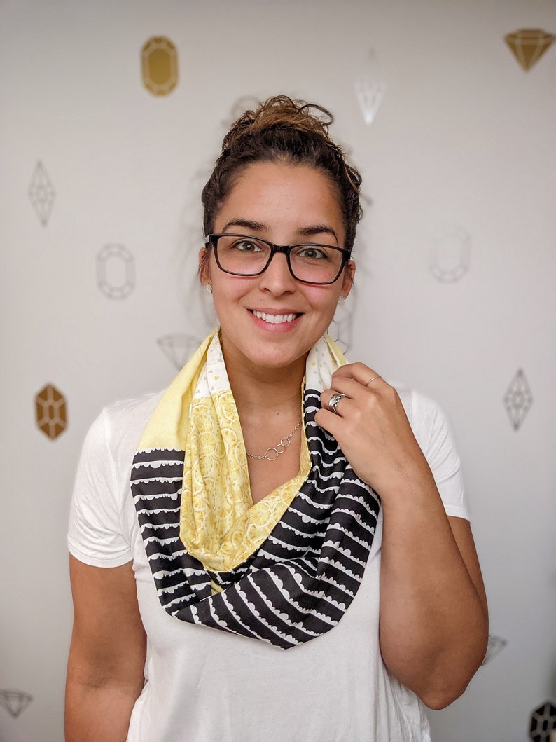 Lemon Infinity Patchwork Scarf, Yellow, black and white tube scarf with various prints image 1