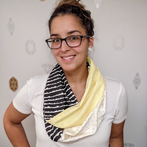 Lemon Infinity Patchwork Scarf, Yellow, black and white tube scarf with various prints image 2