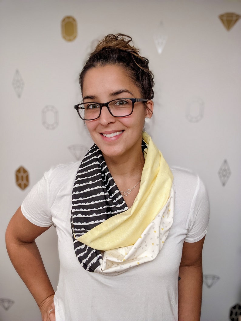 Lemon Infinity Patchwork Scarf, Yellow, black and white tube scarf with various prints image 2