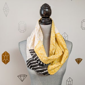 Lemon Infinity Patchwork Scarf, Yellow, black and white tube scarf with various prints image 5