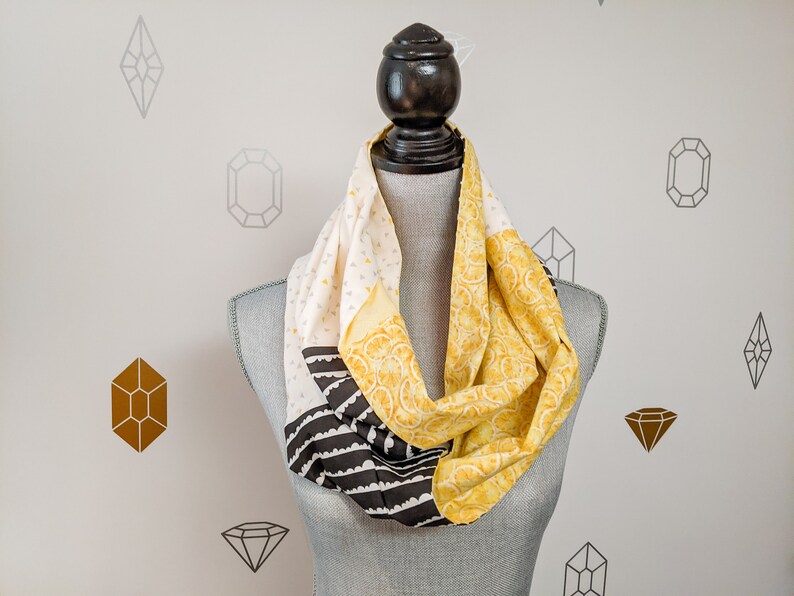 Lemon Infinity Patchwork Scarf, Yellow, black and white tube scarf with various prints image 5