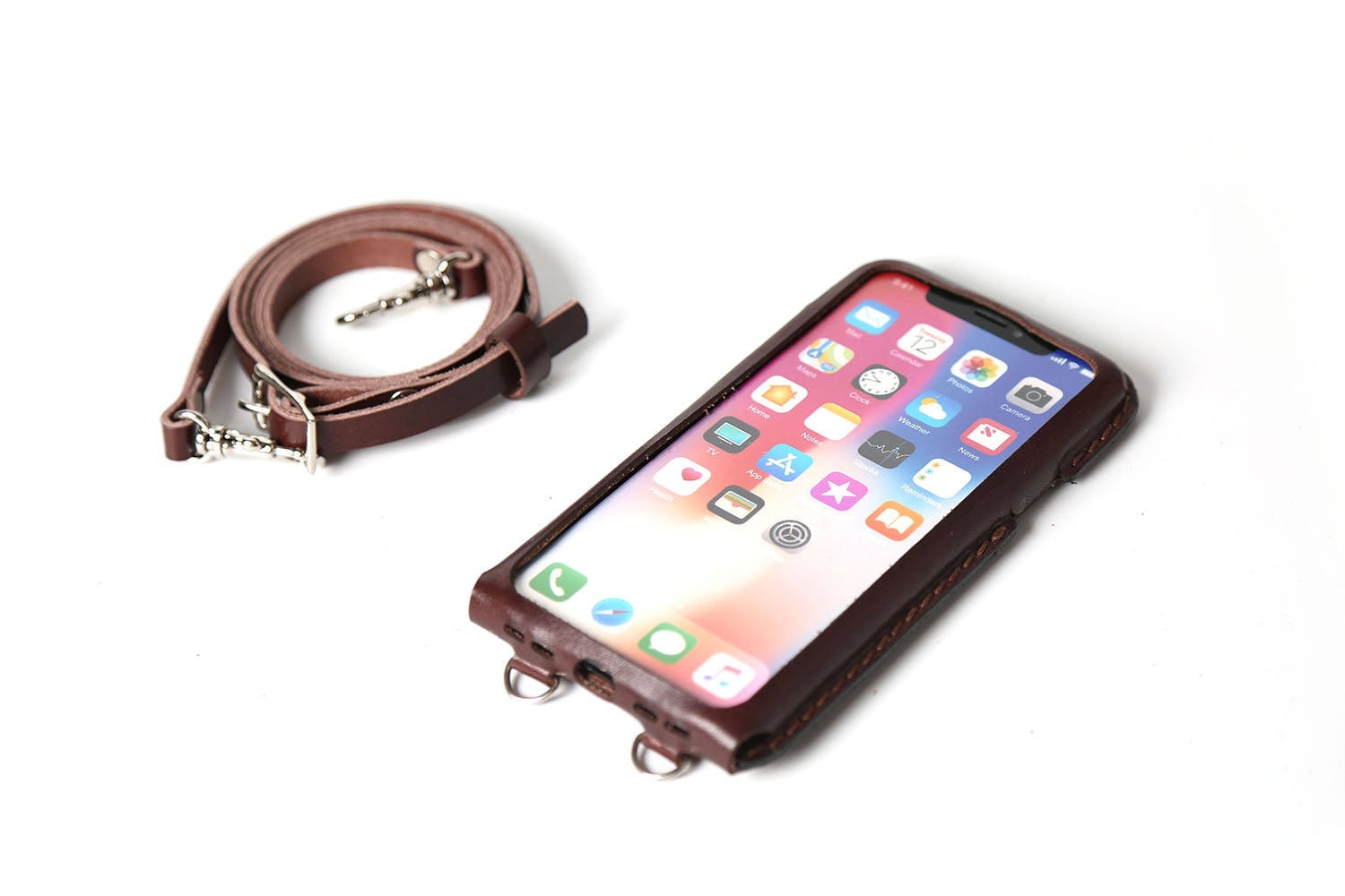 Genuine Leather Crossbody Strap Back Case Cover for iPhone  15/14/Plus/Pro/Max