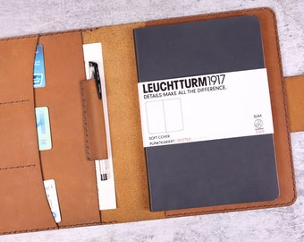 Personalized  Leather Leuchtturm 1917 cover with pen holder, Medium A5, journal cover for Leuchtturm1917 A5 JOTTBOOK  ,Light Brown #19-2