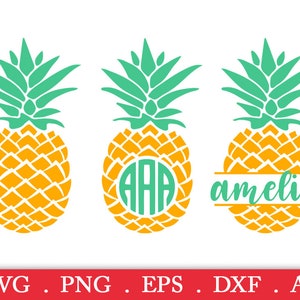 Puede incluir: Tres diseños de piña, uno con un monograma, uno con el nombre "amelia" y uno liso. Las piñas son amarillas con copas verdes.