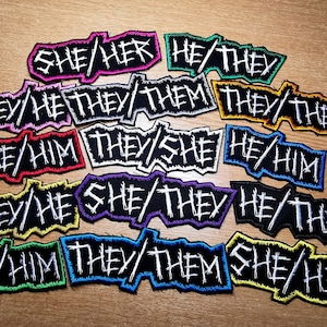 Punk Pronoun Patches Embroidered Iron on Contour Spikey Cut out LGBTQ+ Vibrant colours!