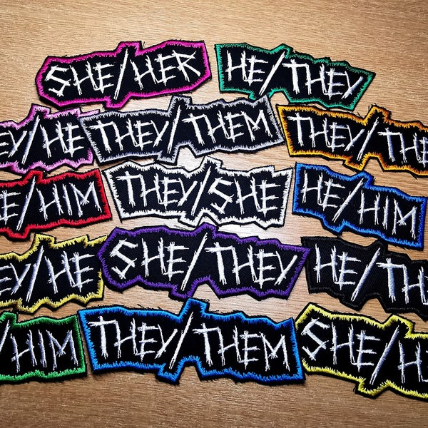 Punk Pronoun Patches Embroidered Iron on Contour Spikey Cut out LGBTQ+ Vibrant colours!