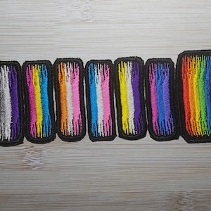 Könnte beinhalten: Sieben gestickte Patches mit verschiedenen Pride-Flaggen-Designs. Die Patches sind schwarz mit weißen Nähten und zeigen die Farben der Genderqueer-, Bi-, Transgender-, Pansexual-, Lesben-, Asexual- und Regenbogen-Pride-Flaggen.