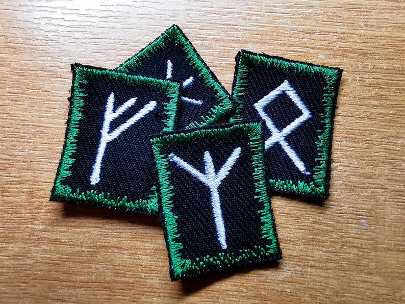 Custom Viking Rune Iron On Embroidered Patches Dark Jade Green border and White runes multi-colour image 1