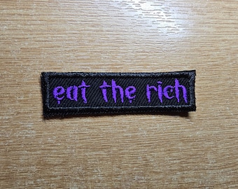 Eat The Rich MINI Embroidered Iron On Patch Politics Punk and Goth - Very small! Purple and Black