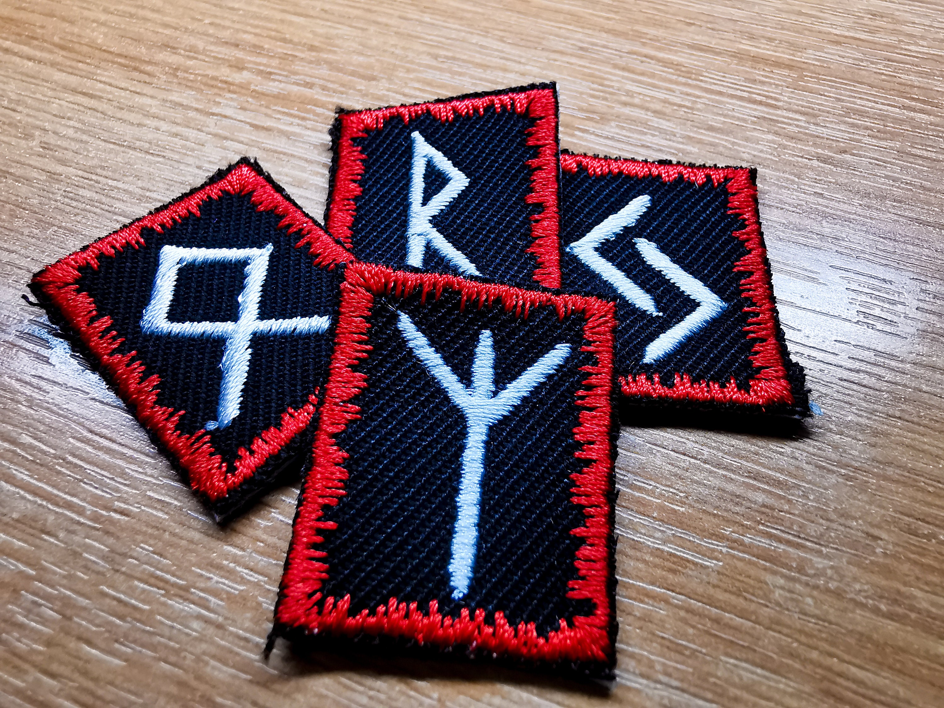 Custom Viking Rune Iron on Embroidered Patches Red Border and