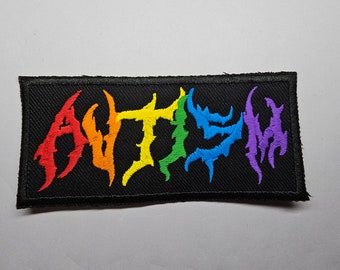 Autism Death Metal Band Logo Style Rainbow Matt Embroidered Patch Neurodivergent Metal