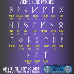 Custom Viking Rune Iron On Embroidered Patches Dark Jade Green border and White runes multi-colour image 2