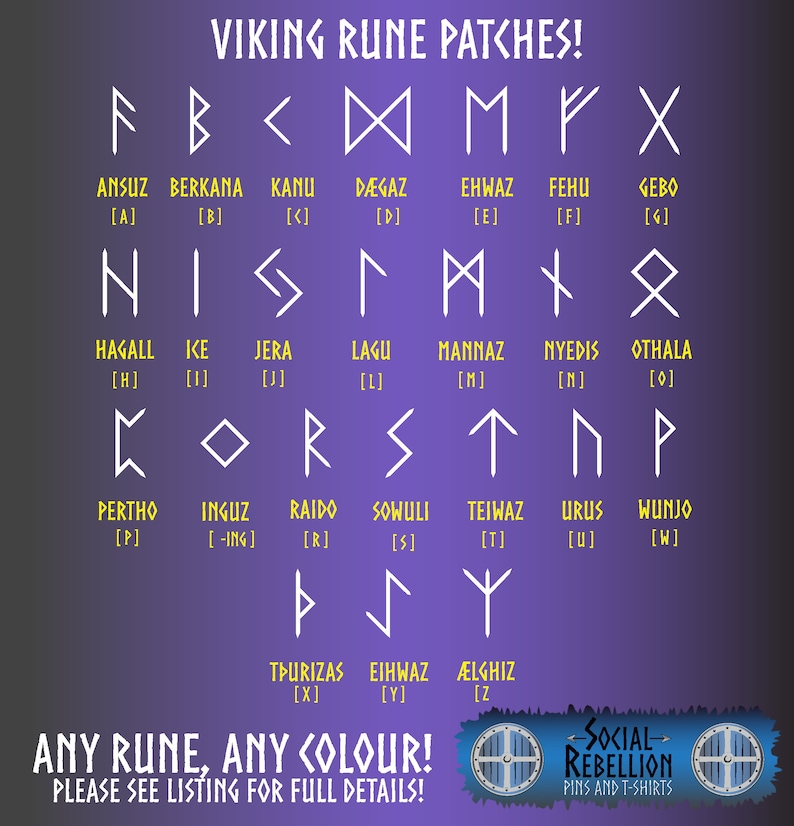 Custom Viking Rune Iron On Embroidered Patches Dark Jade Green border and White runes multi-colour image 2