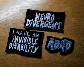 Invisible Disability and Neurodiverse Death Metal Iron On Embroidered Patch Black Metal Hidden Illness EDS Fibromyalgia Epilepsy ADHD