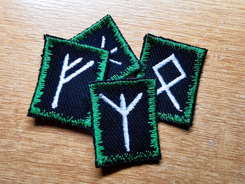 Custom Viking Rune Iron On Embroidered Patches Dark Jade Green border and White runes multi-colour image 6