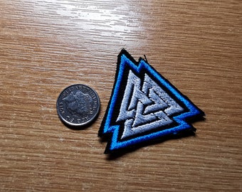 TINY Valknut Iron On Vibrant Aqua Blue Embroidered Patch Viking Patches