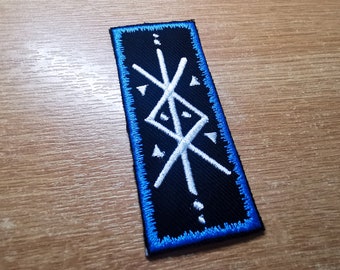 Parche vikingo azul océano de protección Bindune, bordado, nórdico, pagano, con runas.