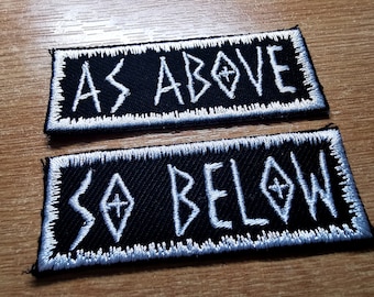 As Above So Below White Iron On Embroidered Patch Heavy Metal style patch