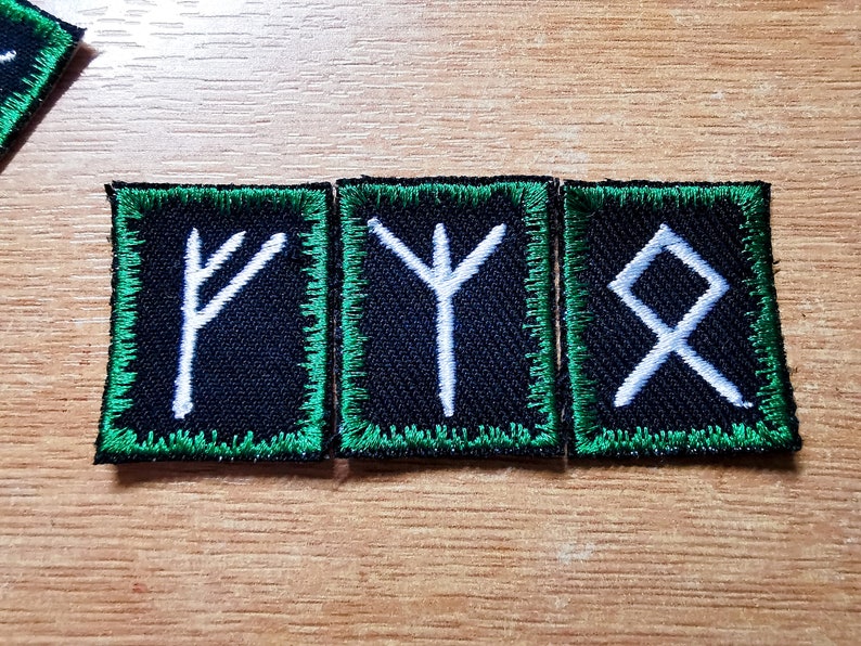 Custom Viking Rune Iron On Embroidered Patches Dark Jade Green border and White runes multi-colour image 7