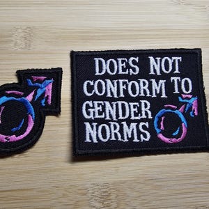 Puede incluir: Dos parches de tela negra con texto blanco y símbolos rosa y azul. El parche más grande dice "DOES NOT CONFORM TO GENDER NORMS". El parche más pequeño presenta un símbolo de género estilizado con un círculo rosa y azul.