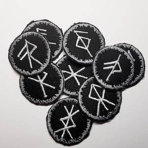 Bindrune Circle Patches Iron On Embroidered Viking Norse Heathenry Bind Runes Circular Pewter Border and White Runes