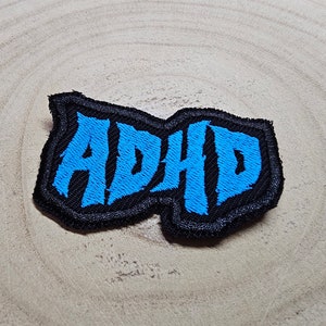 ADHD Blue Death Metal Iron On Embroidered Patch Neurodiversity ND Black Metal